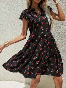 Women Cherry Print V-Neck Cap Sleeve Mini Dress - Black - View 3