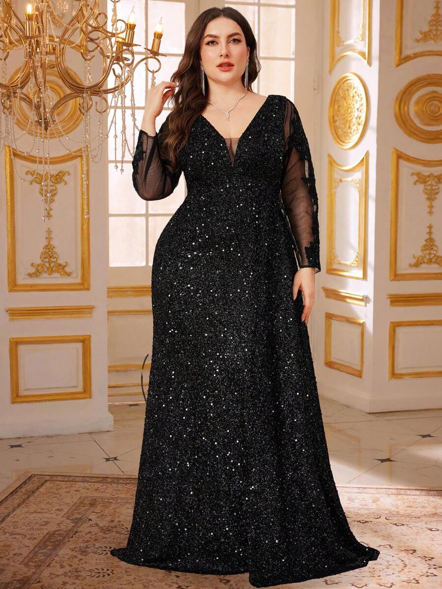 UNITHORSE Plus Size duboka V-izrezna mrežasta i šljokica patchwork haljina s proširenim rubom svečana večernja haljina, haljina za zabave, vjenčana haljina za goste, jesenska ženska odjeća - Crna - Prikaz 1