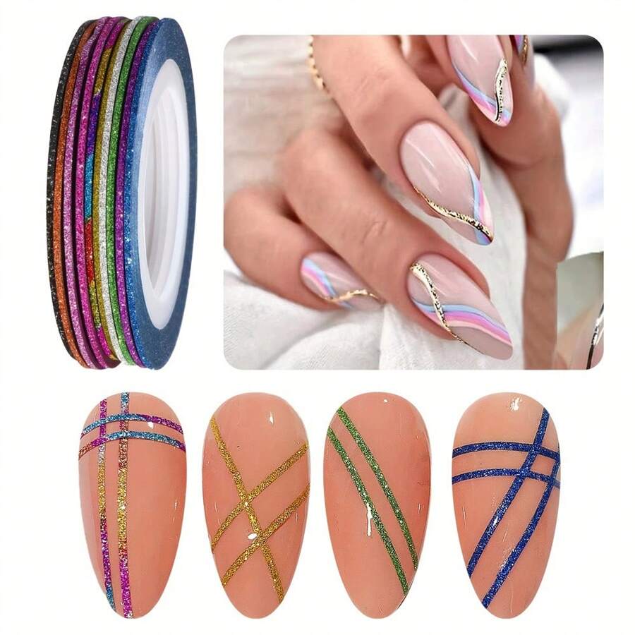 10 Rolls Of Glitter Nail Stripe Tape, Line Stickers, Reminder ...