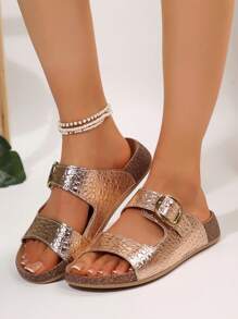 1 Pair Women Fashion Flat Sandals, Gold Metallic Crocodile Pattern, Casual Daily Wear, Thick Sole For Outdoor/Vacation, Metal Buckle Design Mule