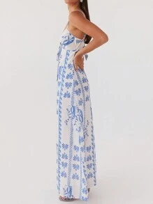 Womens Summer Long Dress Sleeveless Spaghetti Strap Tie-Up Front Loose Dress Back Cutout Dress - Màu xanh lam - Xem 6