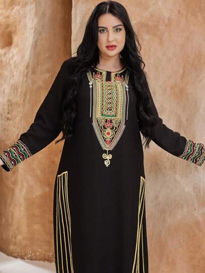 2026新款斋月传统优雅长袖连衣裙，彩色刺绣阿拉伯女式长袍