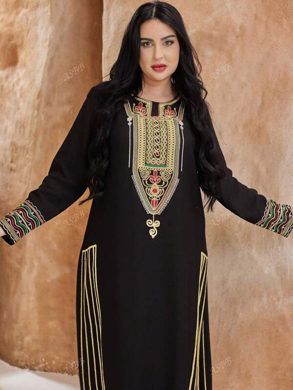 Vestido elegante bordado, Jalabiya árabe tradicional de mujer de manga larga, patrón retro colorido y dorado, Primavera/Verano 2025, Modesto kaftan