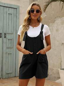 Women's Casual Summer Cotton Linen Rompers Overalls Jumpsuit Shorts - 黑色 - 查看 2
