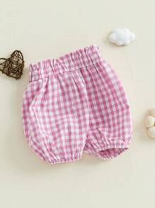 Toddler Baby Girl Bloomers Shorts Plaid Print Diaper Covers Elastic Waist Ruffled Detail Short Pants For Summer Holiday - Pink - View 2