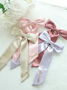 1pc Custom Name Hair Bow Barrette Personalized Gold Monogram Delicate Hair Bow Classic Hair Bow Satin Bow Hair Tie Brigitte Hair Bow Fit For Sleek Chic Ponytail Low Bun Gift For Her Wedding Gift, Wedding Hair Accessories, Spring Summer Bright Colors - Multicolor - View 2