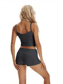 Conjunto de ropa de verano para mujer, top de tirantes con ribete de encaje y pantalones cortos con cintura plegable - Gris Oscuro - Ver 2