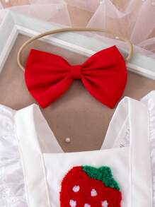2pcs Baby Girl Sweet Cute Strawberry Embroidery Backless Sleeveless Dress With Bowknot & Headband Set, Summer - Red - View 3