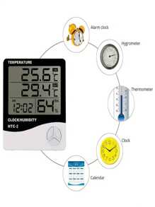 1 Peça Termômetro/Higrômetro Digital HTC-2 Interno/Externo com Monitor de Temperatura e Umidade, Relógio, Alarme e Calendário, Suporte para Casa e Escritório (Necessita Trazer sua Própria Bateria)