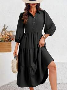 2026 Popular Fall Maxi Shirt Dress V Neck Vestidos Elegantes De Mujer Button Down 3/4 Sleeve Tiered Collared Flowy Design - 黑色 - 查看 3