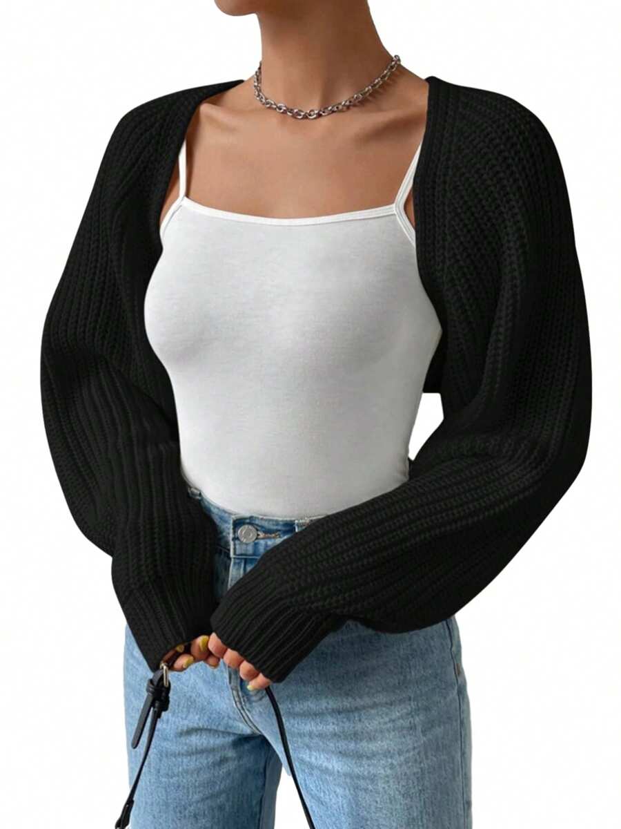 Women's Open Front Cropped Cardigan Long Sleeve Solid Color Ribbed Knit Shrug Sweater Bolero Tops - Black - View 1