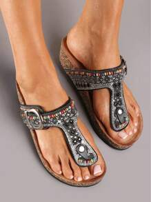 Femmes Sandales plates minimalistes élégantes avec décoration de strass, sandales d'été pour port quotidien casual