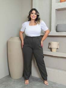Plus Size Tailored Trousers With Button P To G3 - Gris Oscuro - Ver 1
