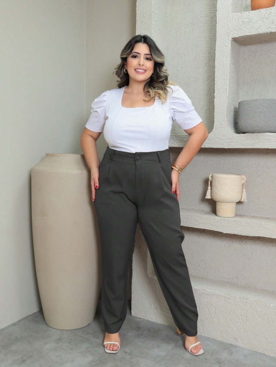 Plus Size Tailored Trousers With Button P To G3 - Gris Oscuro - Ver 1