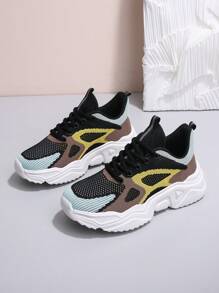 Women's Black & Yellow Non-Slip Breathable Lace-Up Running Shoes, Casual Outdoor Low-Top Sneaker For School, Daily Running, Gatherings, Gym, Commuting And Gift-Giving, Suitable For All Seasons