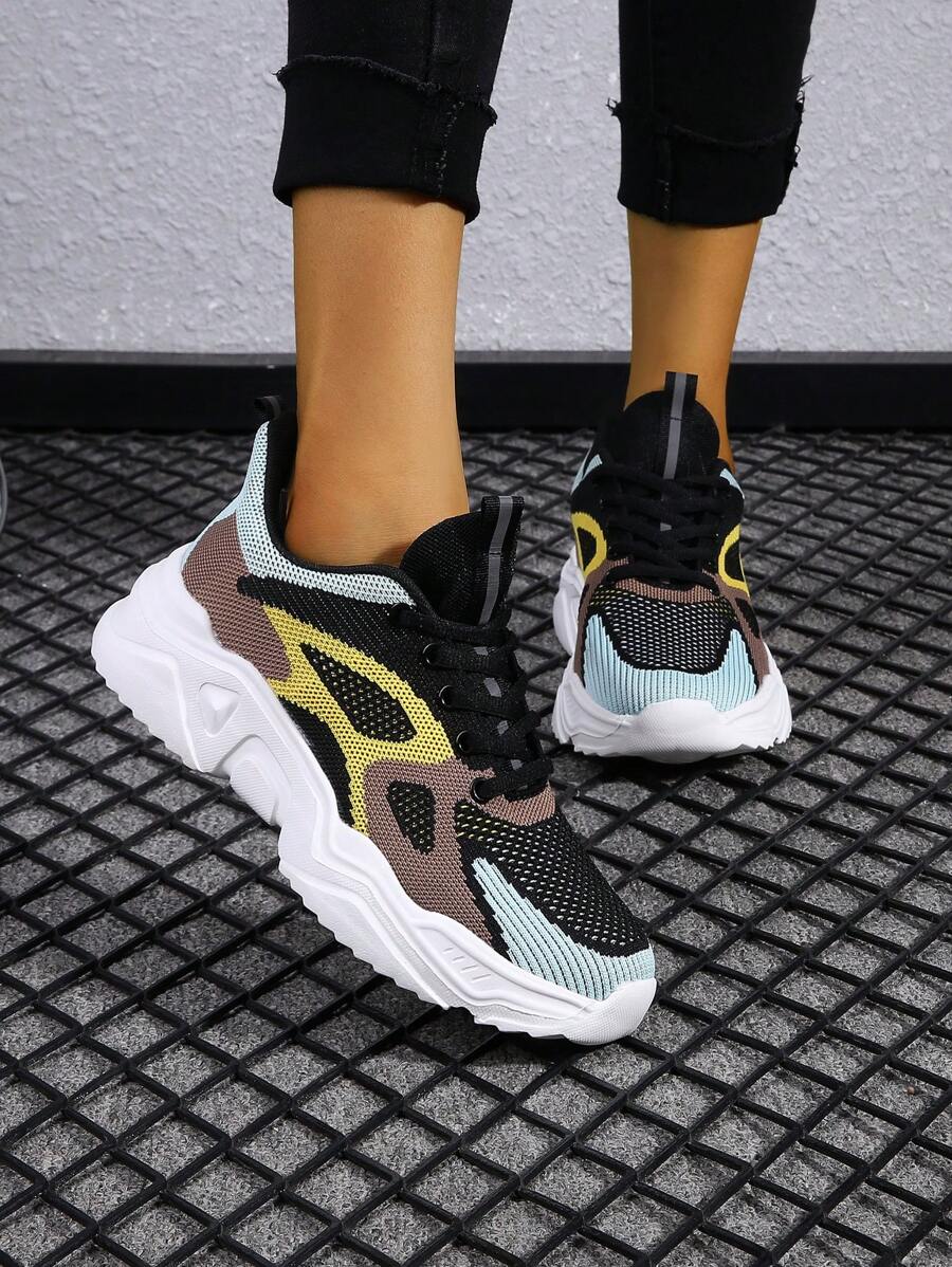 Women's Black & Yellow Non-Slip Breathable Lace-Up Running Shoes, Casual Outdoor Low-Top Sneaker For School, Daily Running, Gatherings, Gym, Commuting And Gift-Giving, Suitable For All Seasons