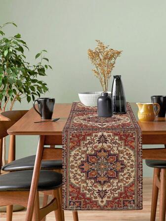1 pieza Camino de mesa estilo floral abstracto con flores rojas de Ramadán, estilo bohemio, lavable, para uso interior y exterior, apto para fiesta, cocina, comedor, sala de estar y restaurante