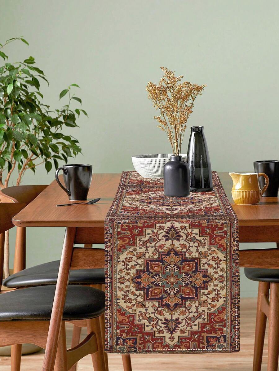 1pc Ramadan Red Floral Abstract Art Table Runner, Bohemian Floral Style, Washable, Suitable For Indoor/Outdoor Party, Kitchen, Home Dining Table, Living Room, Dining Room Decor - Redwood - View 1