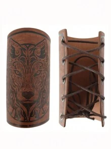 1 Pair Wolf Face Pattern Faux Leather Arm Wraps With Square Lace-Up Design, Renaissance LARP Costume Accessory, Viking Arm Bracers - A - View 3