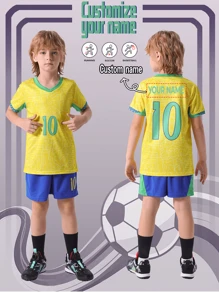 Boys 1pc Customized Graphic Contrast Trim Sports Tee & Shorts Stylish, Fashion, Hipster, Casual, Minimal Chic Personalized, Customized, Custom, Unique Guy Costumes, Capsule Wardrobe, Boy Basic/Street Style Ideal Gifts For Him Boyfriend, Family, Friends For Birthdays, For Vacation/Holiday, For School/Competition, For Sports/Climbing,Customized Boys Sports & Entertain Wear,Easy Comfort