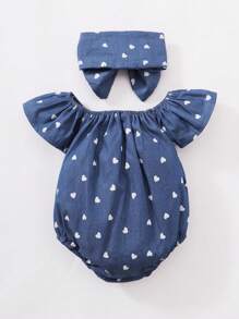 1-18个月女婴无袖牛仔色爱心印花连体衣和发带套装