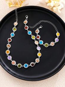 2pcs Fashionable Minimalist Colorful Cubic Zirconia Rhinestone Necklace And Bracelet Jewelry Set, Versatile For Dating, Party, Anniversary, Birthday, Valentine's Day Gift For Women,Mom,Mother,Mother's Day,Gift
