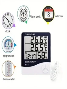 1 Peça Termômetro/Higrômetro Digital HTC-2 Interno/Externo com Monitor de Temperatura e Umidade, Relógio, Alarme e Calendário, Suporte para Casa e Escritório (Necessita Trazer sua Própria Bateria)