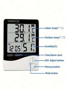 1 Peça Termômetro/Higrômetro Digital HTC-2 Interno/Externo com Monitor de Temperatura e Umidade, Relógio, Alarme e Calendário, Suporte para Casa e Escritório (Necessita Trazer sua Própria Bateria)
