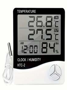 1 Peça Termômetro/Higrômetro Digital HTC-2 Interno/Externo com Monitor de Temperatura e Umidade, Relógio, Alarme e Calendário, Suporte para Casa e Escritório (Necessita Trazer sua Própria Bateria)