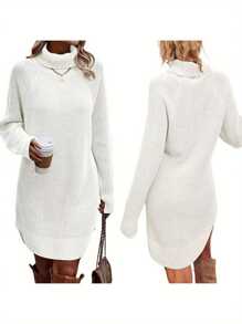 Women's Fall Mini Dress Long Sleeve Turtleneck Solid Color Knitted Dress Casual Sweater Dress