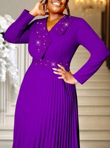 加大码春季紫色复活节长褶女式不对称亮片领高腰场合生日华丽连衣裙，适合节日派对、婚礼宾客礼服、舞会礼服