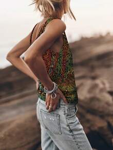 夏季欧美风女式加大码宽松休闲背心，圆领无袖亮片装饰性感上衣 - 紅色和黑色 - 查看 4