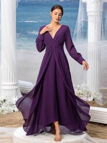 Faeriesty Mosy Elegant Plunging Neck Bishop Sleeves Chiffon Formal Dress Mother Of The Bride Dress - Purple - View 6