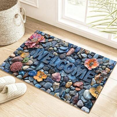 3D Simulation Stone Flower Welcome Doormat - Non-Slip,  Polyester Mat With Rubber Backing, Perfect For Home & Outdoor Decor, Entrance, Bedroom, Kitchen, Balcony, Brightly Colored, Comfortable Decoration, Floor Mat