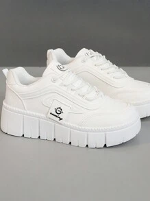 新款春秋女鞋时尚透气学生厚底拼布运动鞋休闲百搭纯白鞋 - 白色 - 查看 3