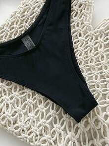 Women's Solid Color Bikini Two-Piece Set, With Metal Accessories In The Middle, Suitable For Summer Swimming Vacation - Black - View 4