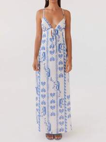 Womens Summer Long Dress Sleeveless Spaghetti Strap Tie-Up Front Loose Dress Back Cutout Dress - Màu xanh lam - Xem 4