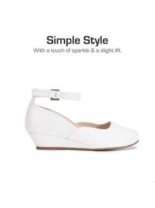 Girls Wedding Shoes | Dress Flats With Low Wedge Heel & Flower Ankle Strap For Toddler To Big Kid - trắng - Xem 8