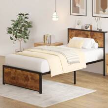 VECELO Single/Double Size Bed Frame With Wood Storage Shelf Headboard And Footboard, Metal Slates Support, No Box Spring Needed - 棕色 - 查看 4