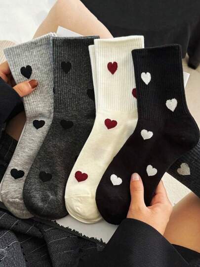 4双装，心形图案混搭休闲袜，时尚可爱风中筒袜，适合女孩，四季皆宜