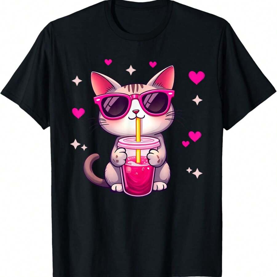 Funny Cat Boba Tea Cute Cat With Sunglasses Bubble Tea Lover T-Shirt