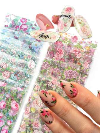 10pcs Rose Flower Nail Art Stickers, Pink & Red Rose Patterns, Starry Sky Theme, Suitable For Women, Girls, Weddings, Valentine's Day Nail Decoration Nails Nail Supplies