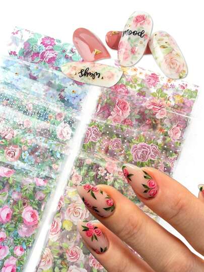 10pcs Rose Flower Nail Art Stickers, Pink & Red Rose Patterns, Starry Sky Theme, Suitable For Women, Girls, Weddings, Valentine's Day Nail Decoration Nails Nail Supplies