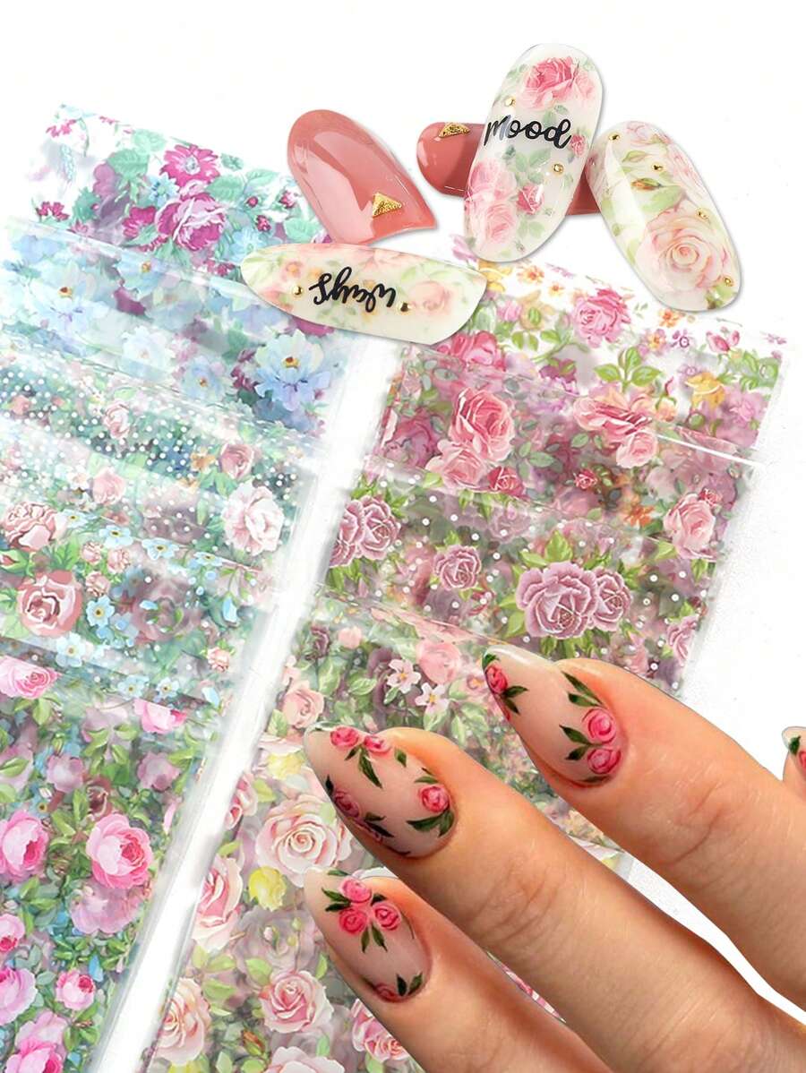 10片玫瑰花美甲贴纸，粉色和红色玫瑰图案，星空主题，适合女性、女孩、婚礼、情人节美甲装饰用品 - 彩色 - 查看 1