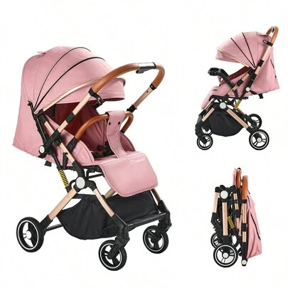 Cochecito de bebé reversible, plegable y portátil, con asiento ajustable, gran canasta de almacenamiento y diseño de absorción de impactos, equipado con toldo, portabotellas y bandeja para alimentos, adecuado para recién nacidos y niños pequeños, imprescindible para salidas familiares