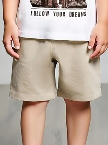 2pcs/Set Boys Summer Outdoor Casual Everyday Commuter Knit Round Neck Letter Print Top & Solid Color Elastic Waist Running Workout Shorts Set, Breathable & Moisture Wicking