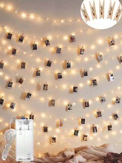 1pc 1/2/3/4/5/10m LED Photo Clip Copper Wire String Lights, Indoor Wall Decor LED Lights, Photo Card Wood Clip Decor Lights, Atmosphere Lights, Photo Wall Decor Prop Lights, Birthday Party & Anniversary Event Decor Lights