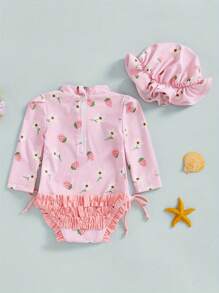 Traje de baño de manga larga con cuello alto y estampado floral/de conchas para niña, conjunto de 2 piezas con gorro - Rosa - Ver 5