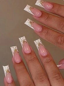 24pcs Pink Long Square Press On Nails White French Tip Nails With Golden Beads Bowknot Decor Wedding Dresses Bride Fake Nails Art Charms Glossy Full Cover Cute Style For Women Grils Valentines Nails
