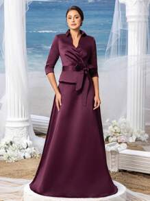 Faeriesty Mosy Elegant Solid 3/4 Sleeves Satin Two Pieces Set Evening Gown Mother Of The Bride Dress - Burgundy - View 4